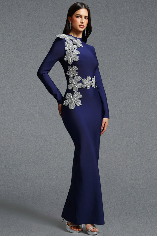 Asymmetrical Silver Floral Appliqué Column Gown - Midnight Navy