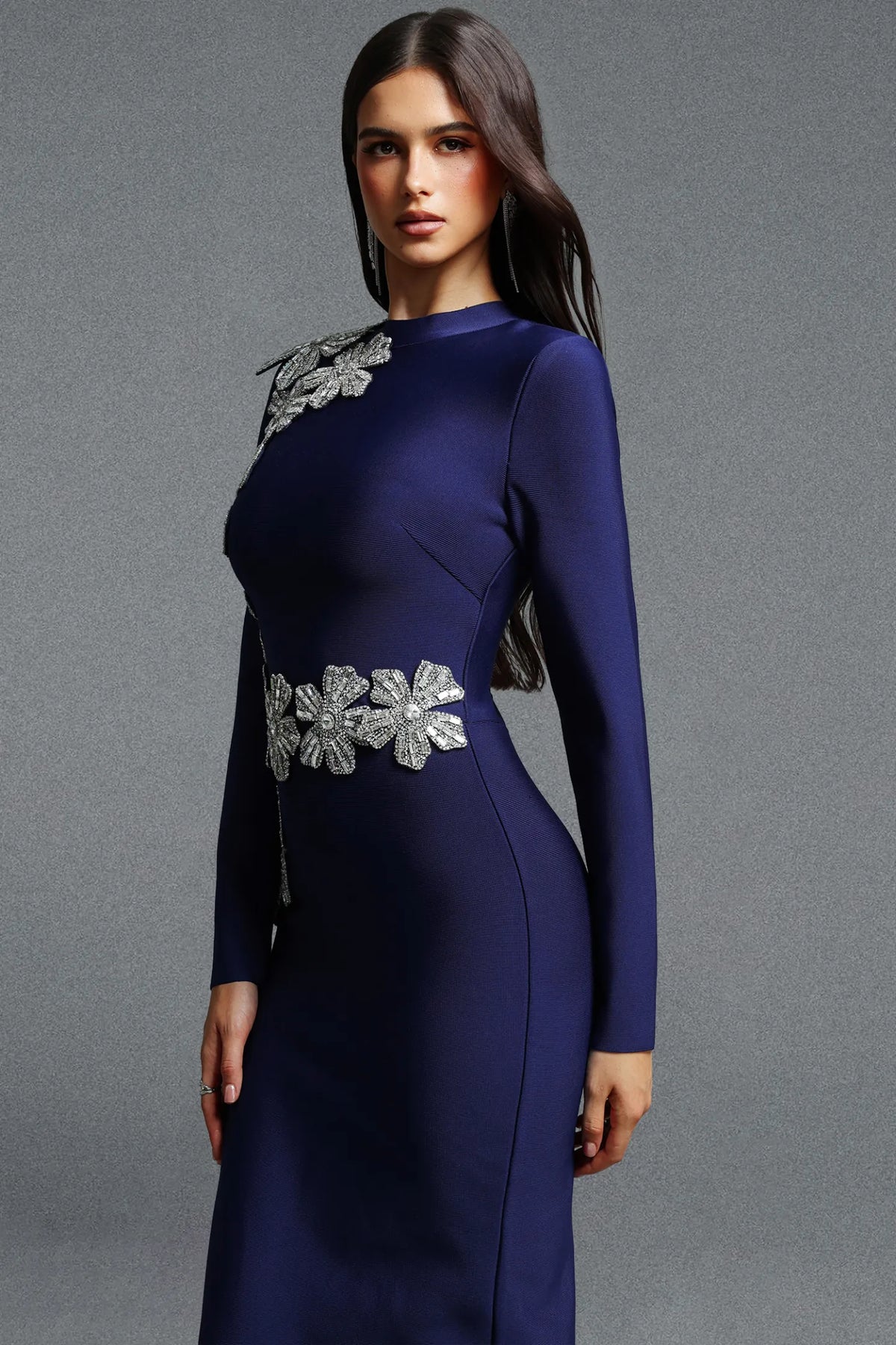 Asymmetrical Silver Floral Appliqué Column Gown - Midnight Navy