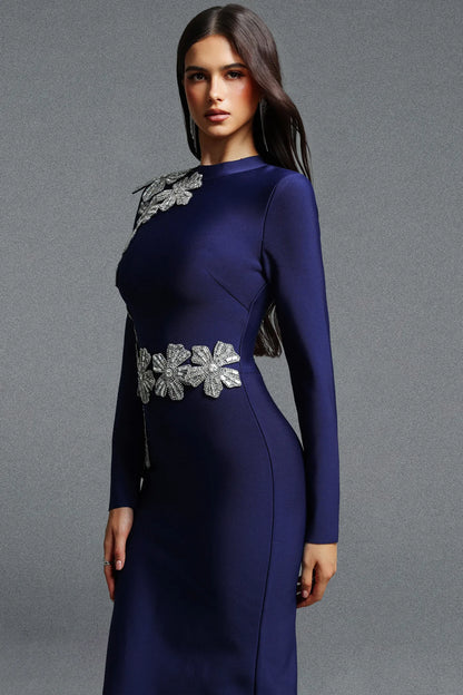 Asymmetrical Silver Floral Appliqué Column Gown - Midnight Navy
