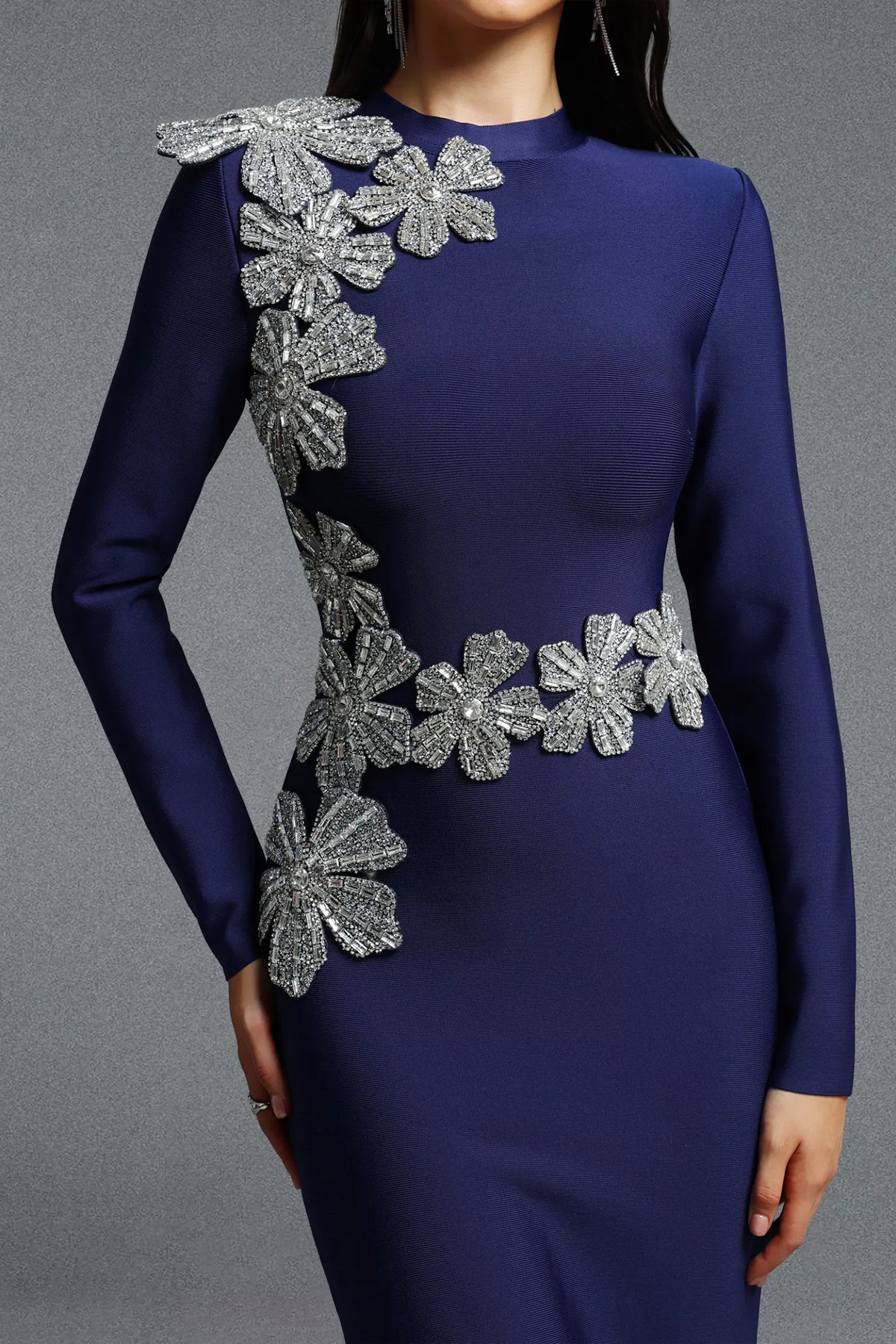 Asymmetrical Silver Floral Appliqué Column Gown - Midnight Navy