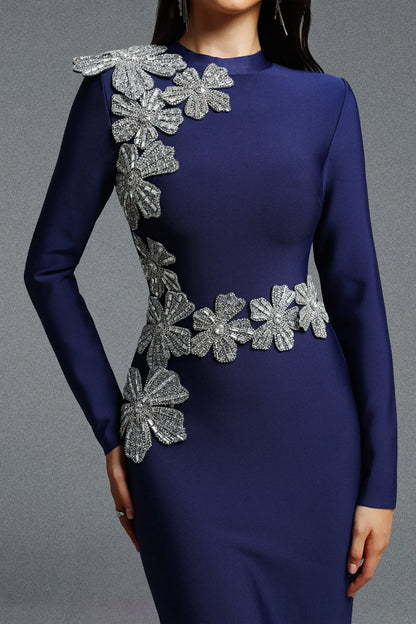 Asymmetrical Silver Floral Appliqué Column Gown - Midnight Navy