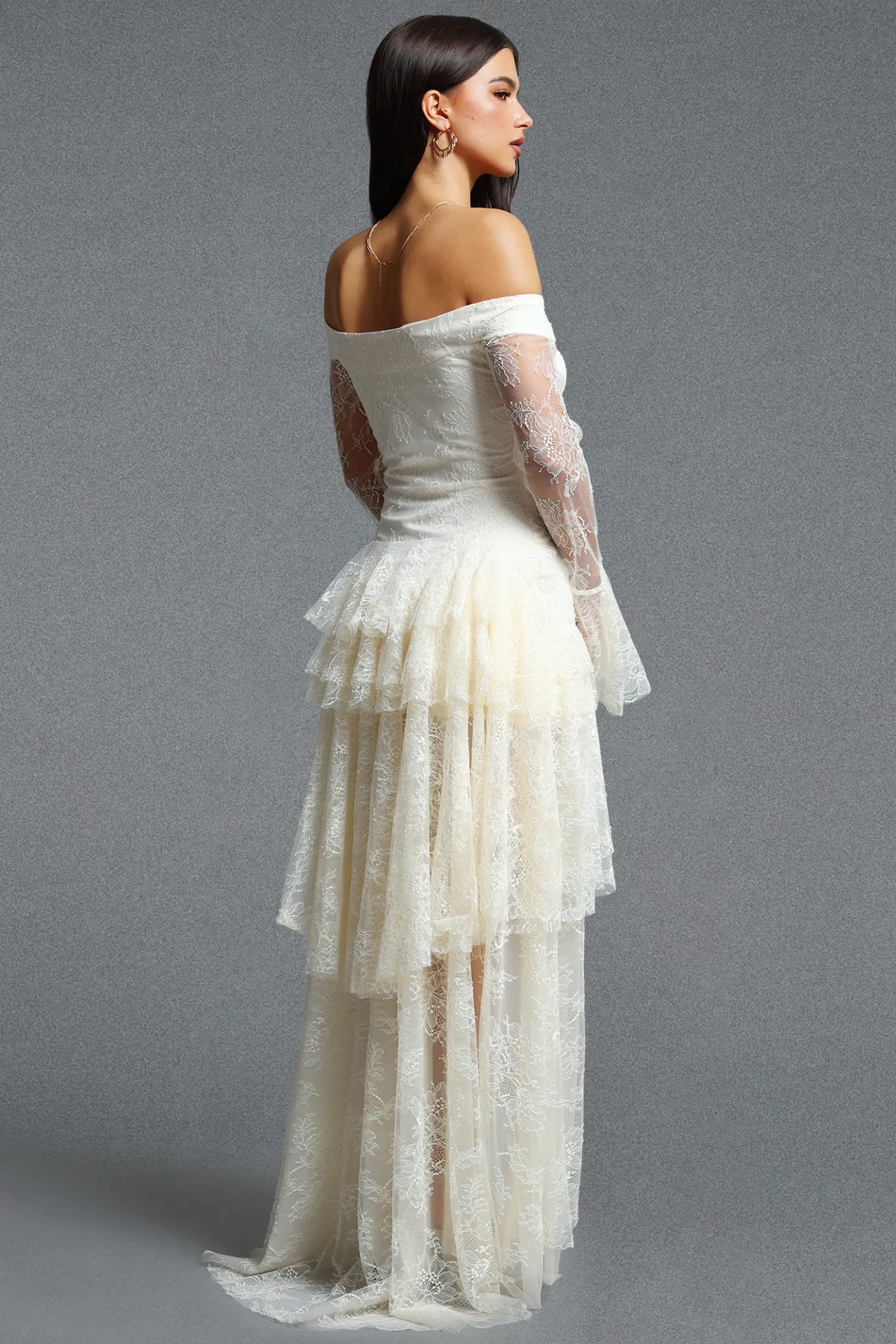 Off-The-Shoulder Cascading Lace Tiered Gown - Ivory White