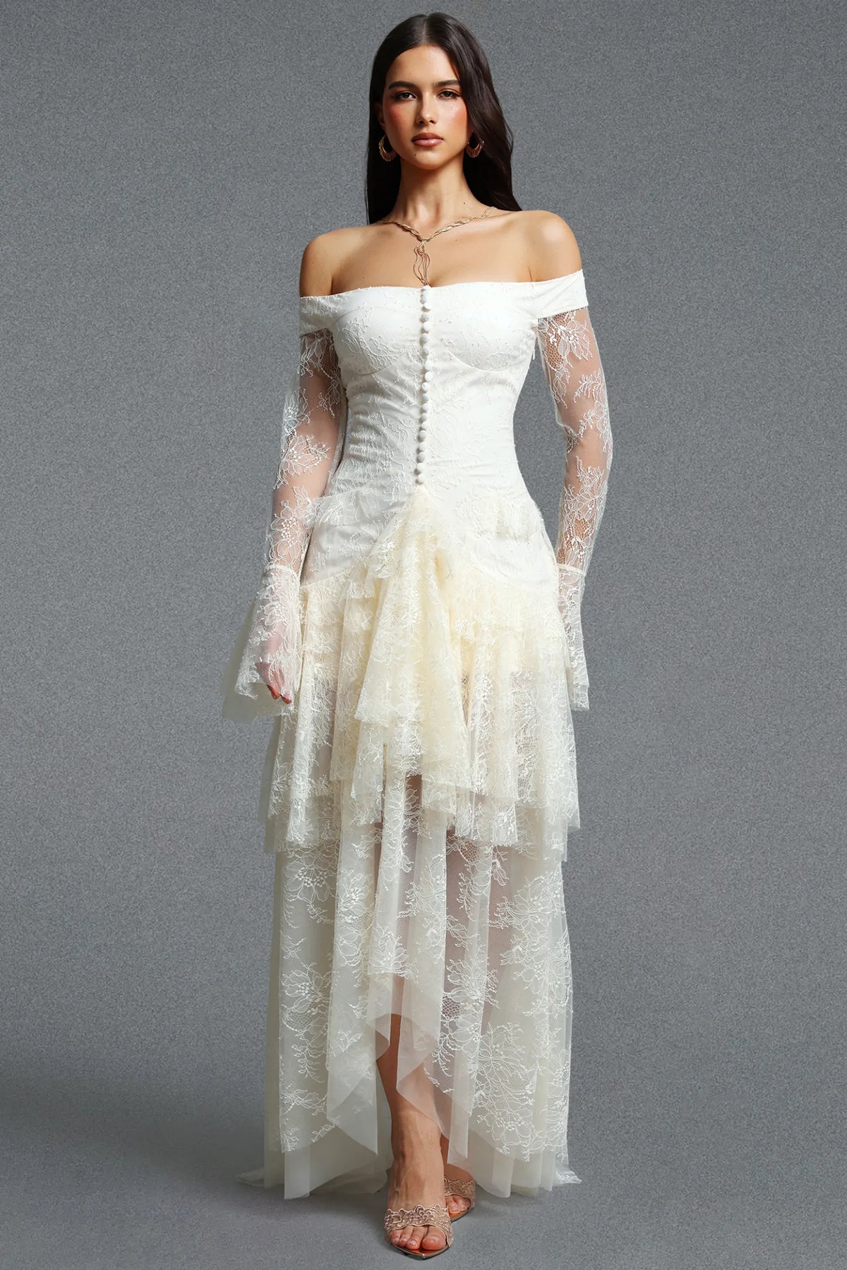 Off-The-Shoulder Cascading Lace Tiered Gown - Ivory White
