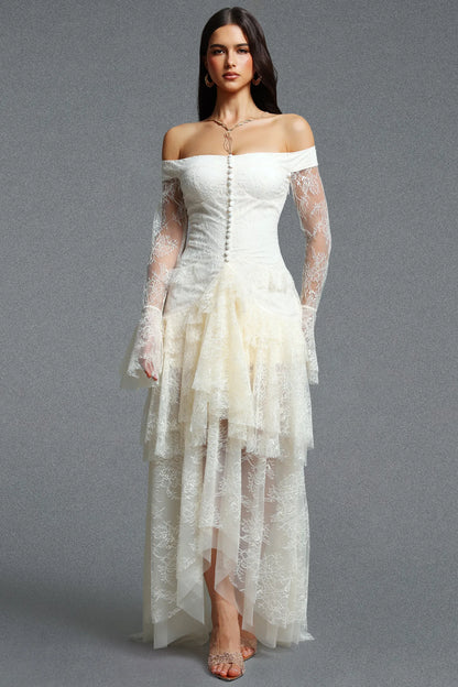 Off-The-Shoulder Cascading Lace Tiered Gown - Ivory White