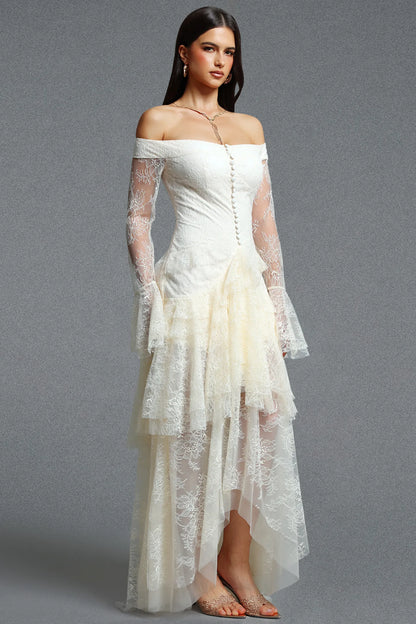 Off-The-Shoulder Cascading Lace Tiered Gown - Ivory White