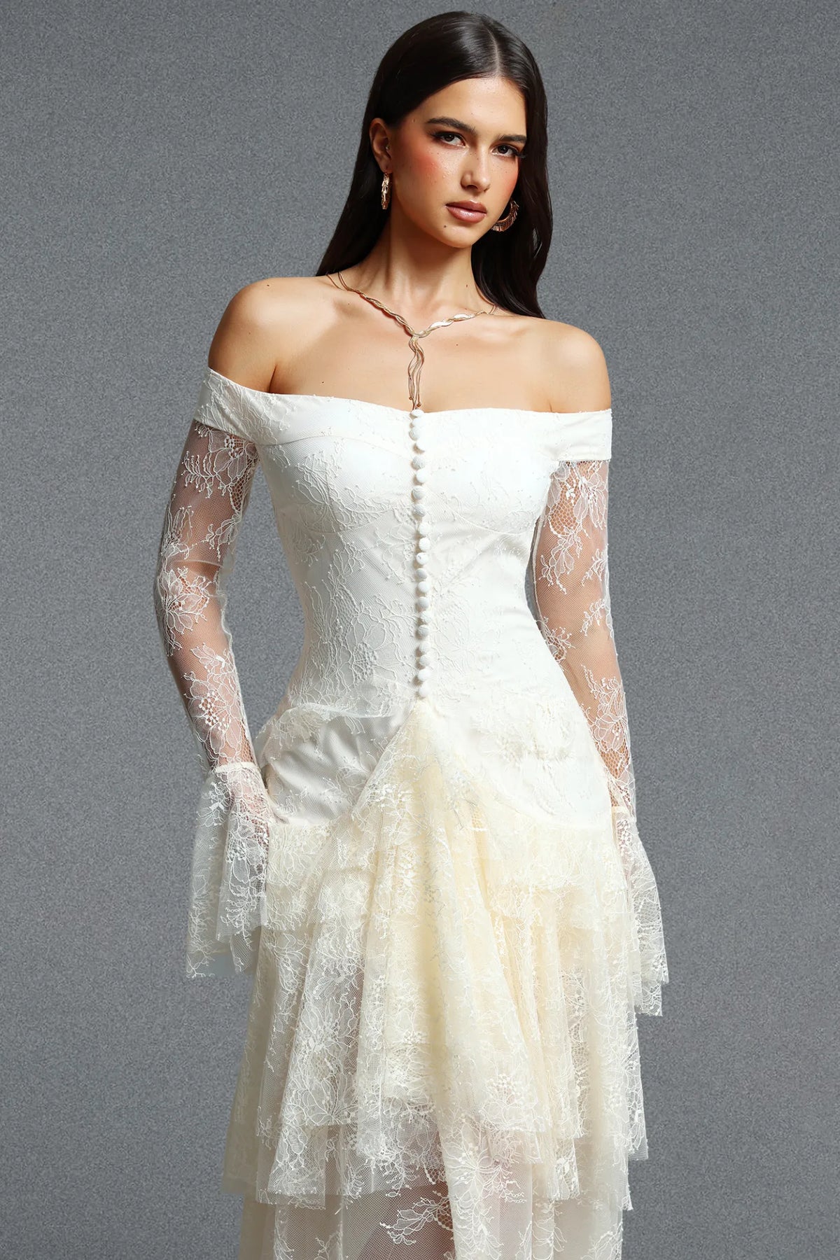 Off-The-Shoulder Cascading Lace Tiered Gown - Ivory White