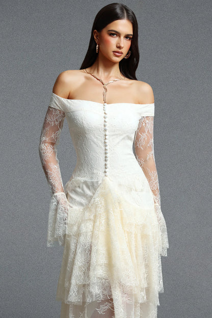 Off-The-Shoulder Cascading Lace Tiered Gown - Ivory White