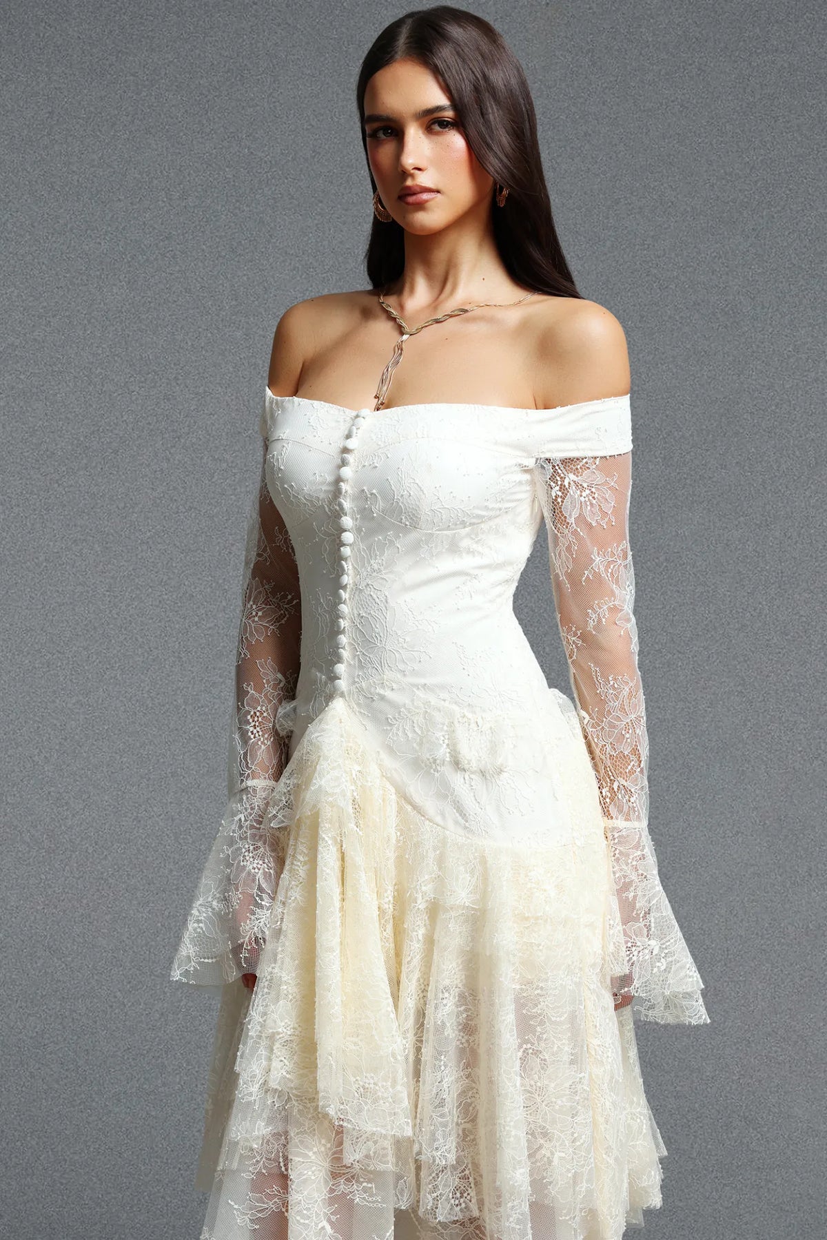 Off-The-Shoulder Cascading Lace Tiered Gown - Ivory White