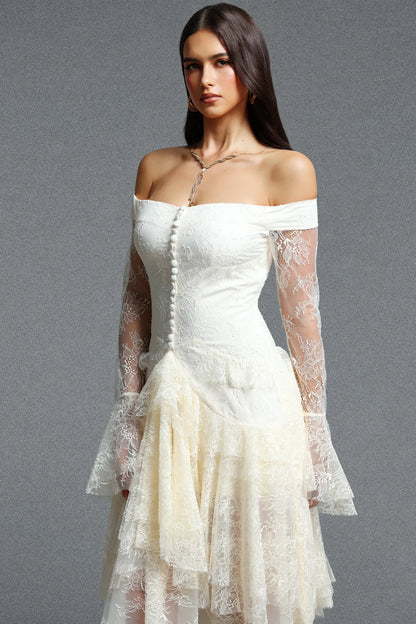 Off-The-Shoulder Cascading Lace Tiered Gown - Ivory White