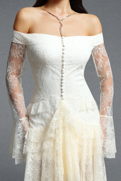 Off-The-Shoulder Cascading Lace Tiered Gown - Ivory White