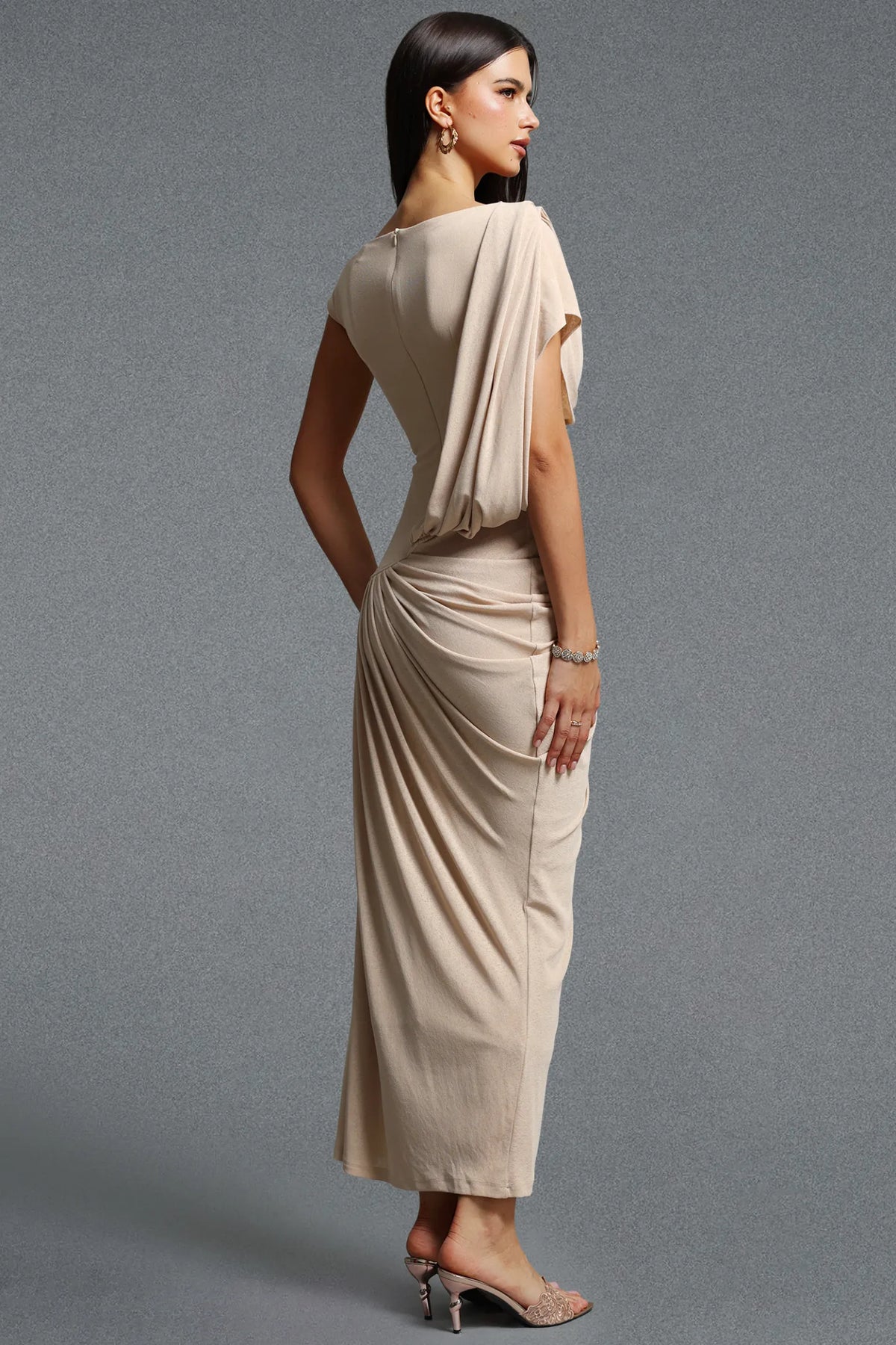 Asymmetrical Draped Ruched Gown - Champagne Sand