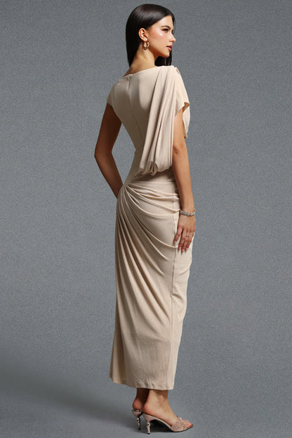Asymmetrical Draped Ruched Gown - Champagne Sand