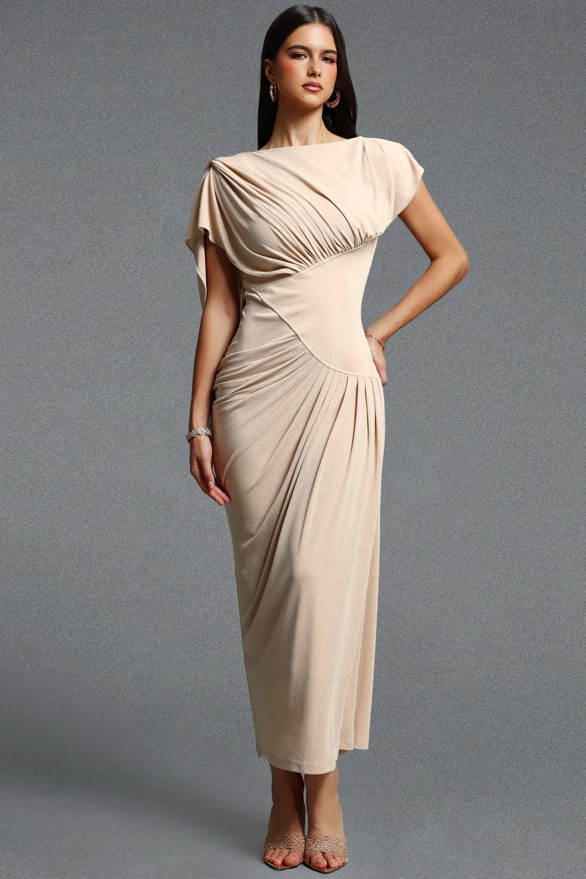 Asymmetrical Draped Ruched Gown - Champagne Sand