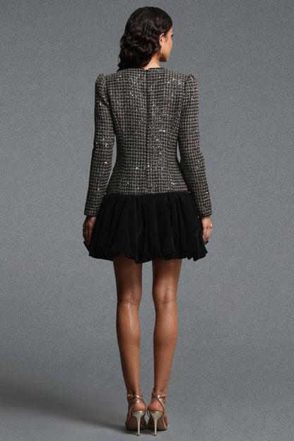 Tailored Tweed and Velvet Flared Mini Dress - Onyx Black