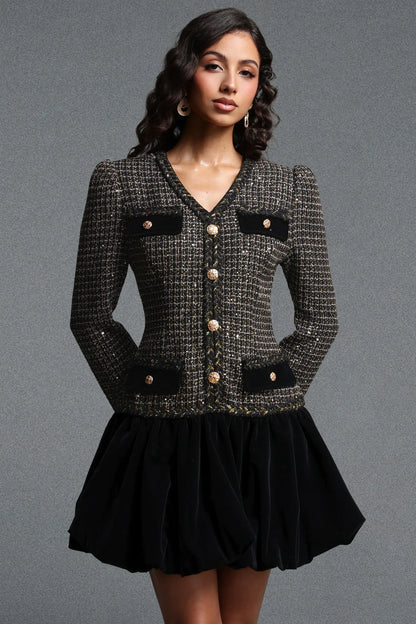Tailored Tweed and Velvet Flared Mini Dress - Onyx Black