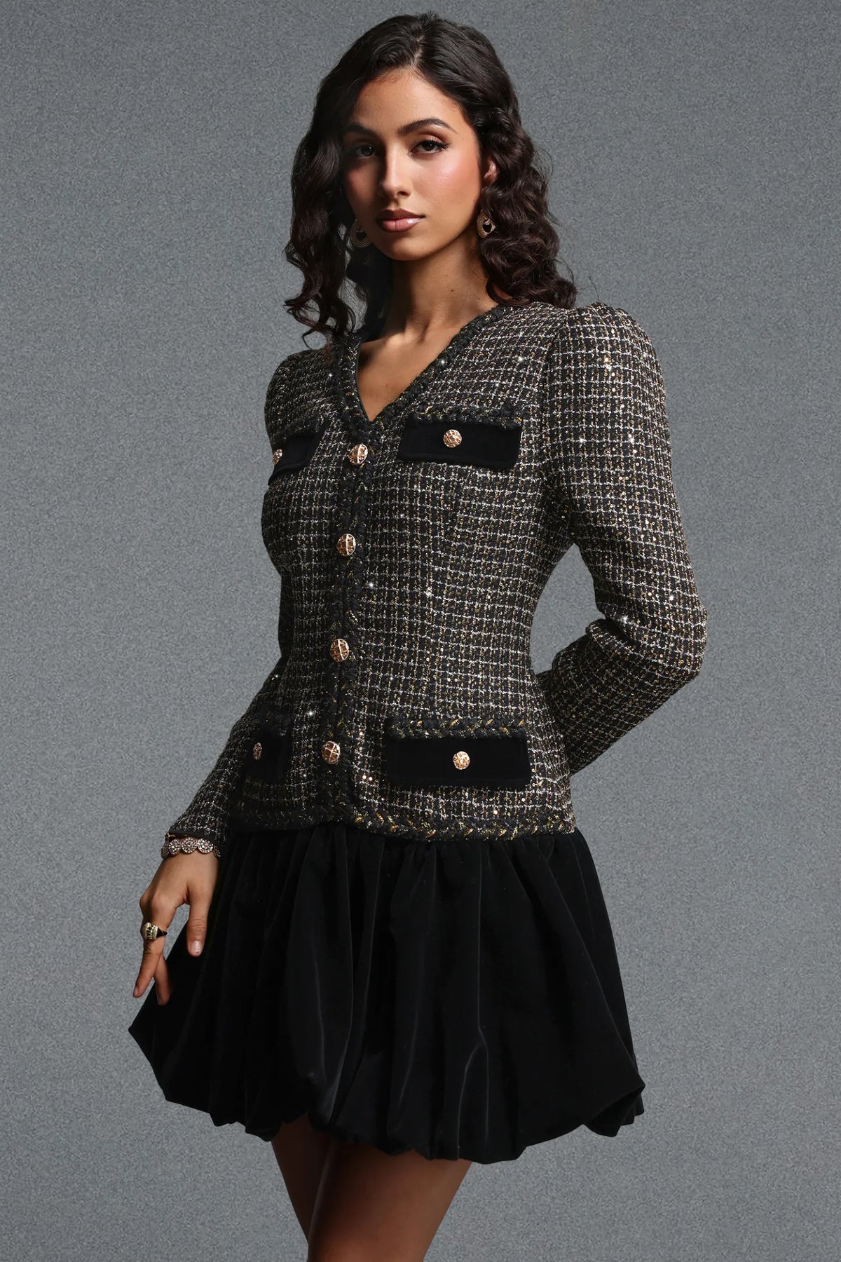Tailored Tweed and Velvet Flared Mini Dress - Onyx Black