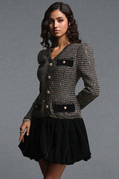 Tailored Tweed and Velvet Flared Mini Dress - Onyx Black