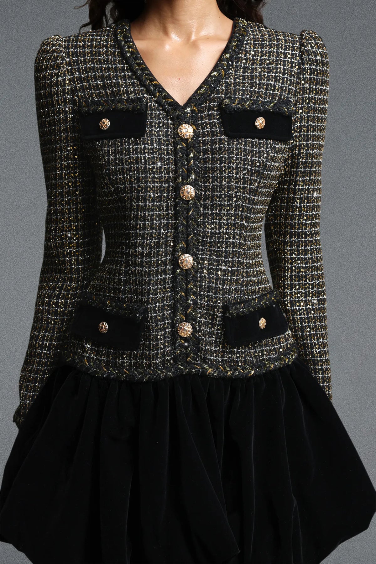 Tailored Tweed and Velvet Flared Mini Dress - Onyx Black