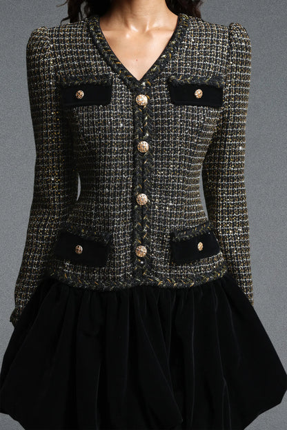 Tailored Tweed and Velvet Flared Mini Dress - Onyx Black