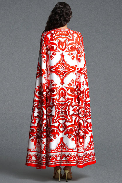 Majestic Baroque Print Cape Gown - Crimson & White