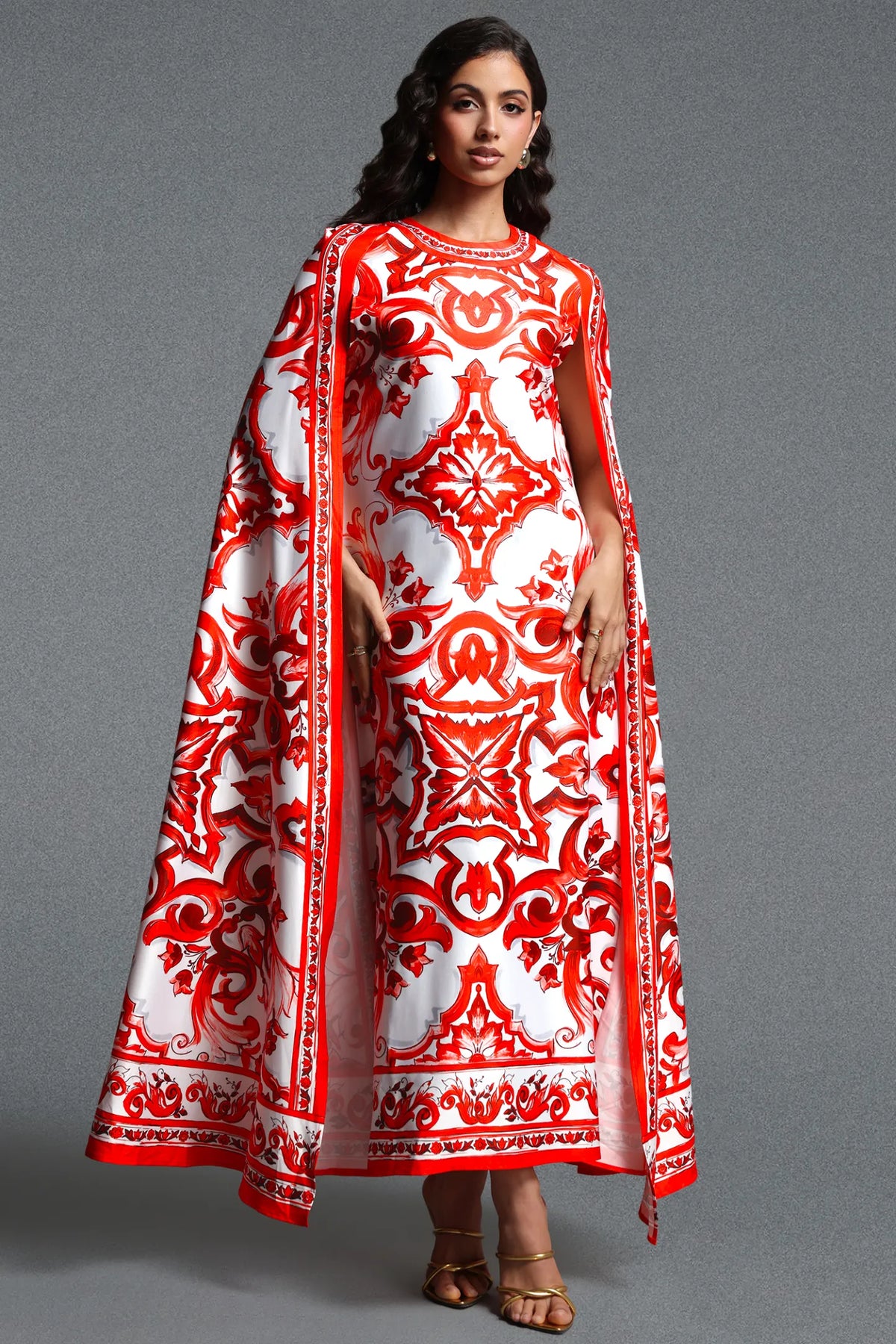 Majestic Baroque Print Cape Gown - Crimson & White