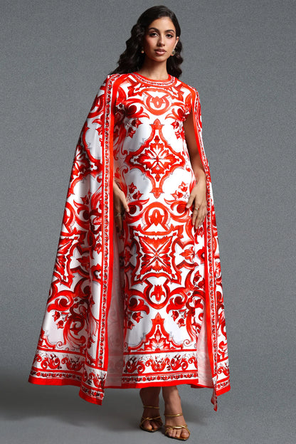 Majestic Baroque Print Cape Gown - Crimson & White