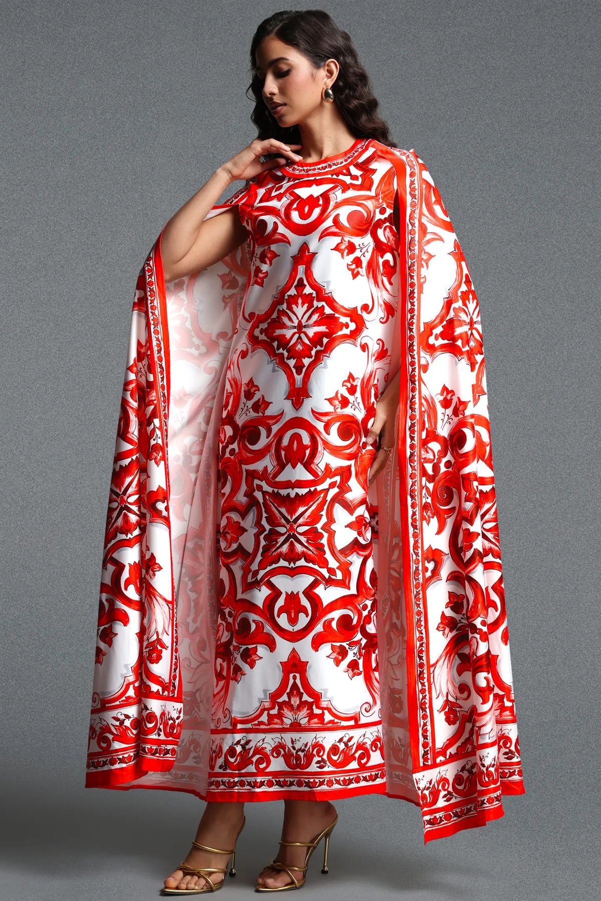 Majestic Baroque Print Cape Gown - Crimson & White