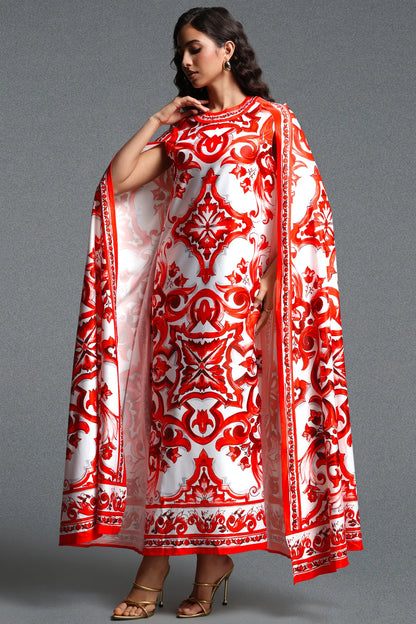 Majestic Baroque Print Cape Gown - Crimson & White