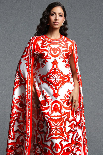 Majestic Baroque Print Cape Gown - Crimson & White