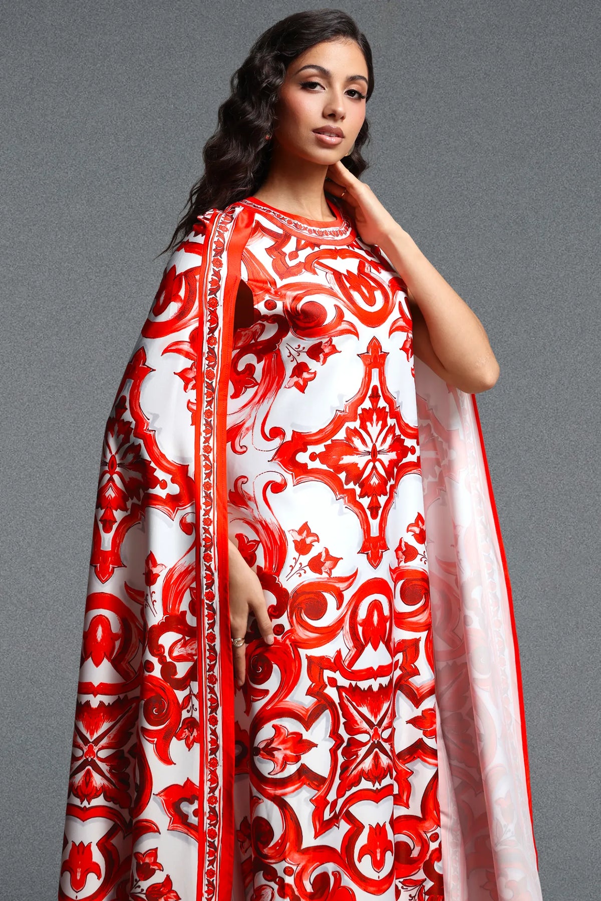 Majestic Baroque Print Cape Gown - Crimson & White