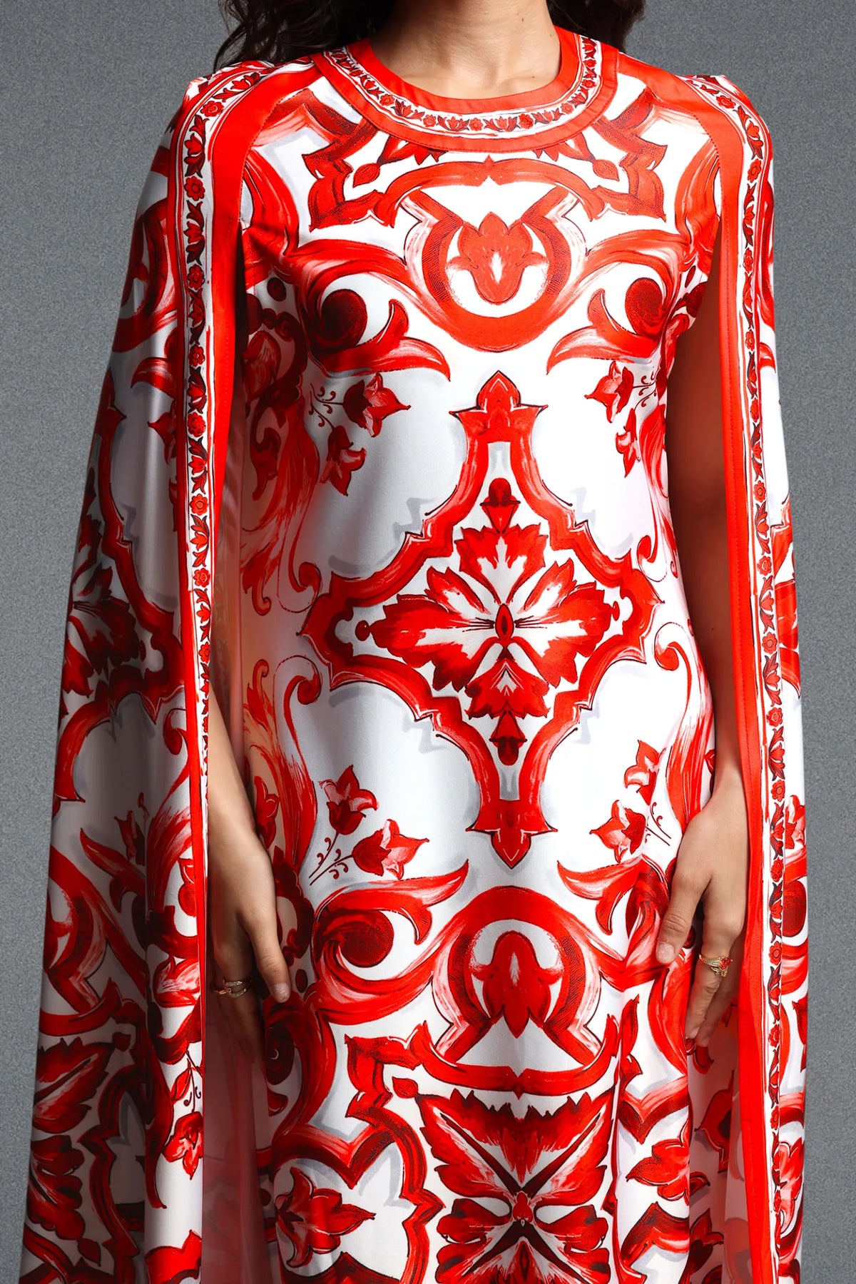 Majestic Baroque Print Cape Gown - Crimson & White