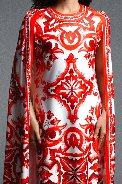 Majestic Baroque Print Cape Gown - Crimson & White