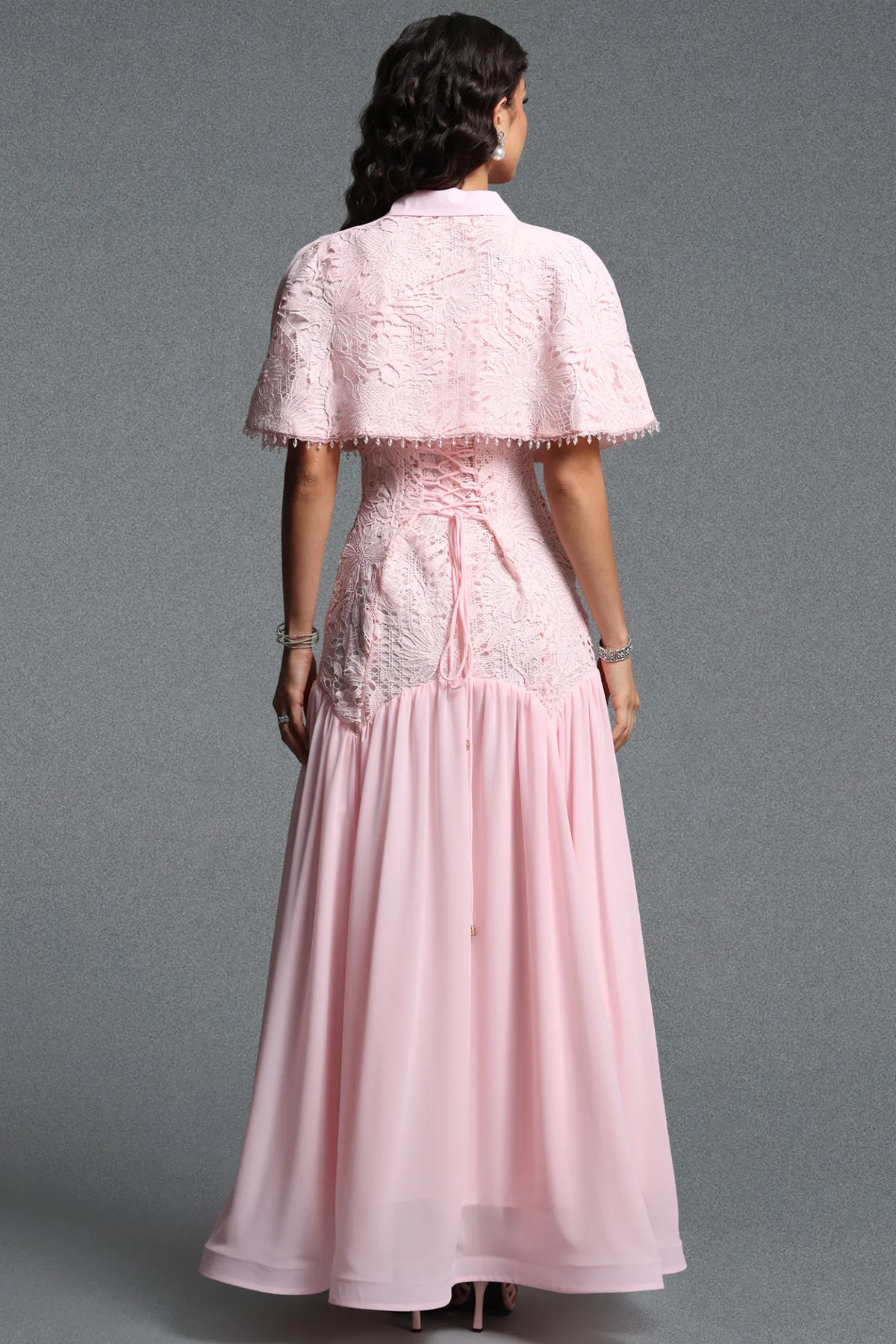 Collared Lace Capelet Drop-Waist Gown - Blush Pink
