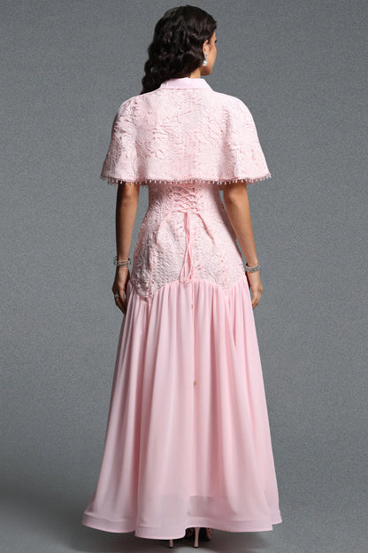 Collared Lace Capelet Drop-Waist Gown - Blush Pink