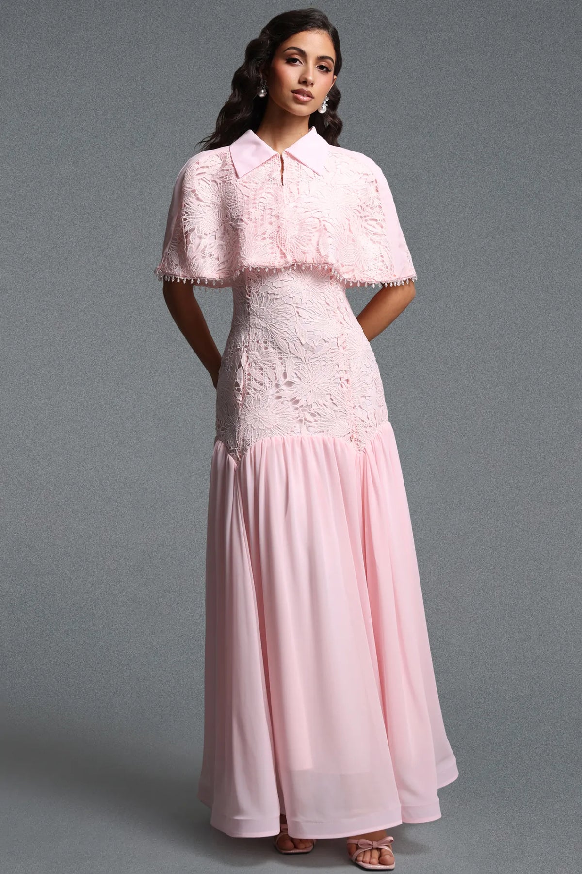 Collared Lace Capelet Drop-Waist Gown - Blush Pink