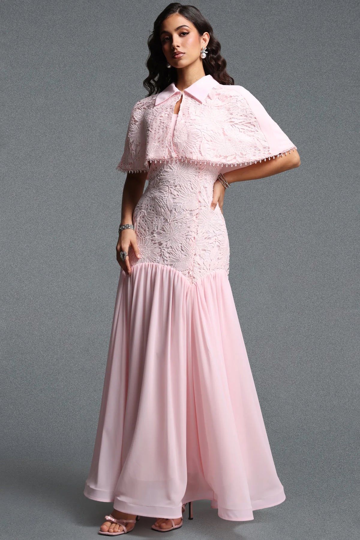 Collared Lace Capelet Drop-Waist Gown - Blush Pink