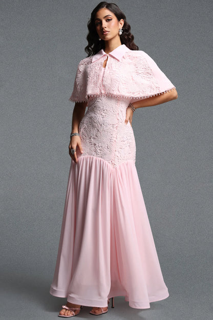 Collared Lace Capelet Drop-Waist Gown - Blush Pink