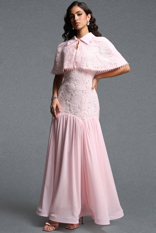 Collared Lace Capelet Drop-Waist Gown - Blush Pink