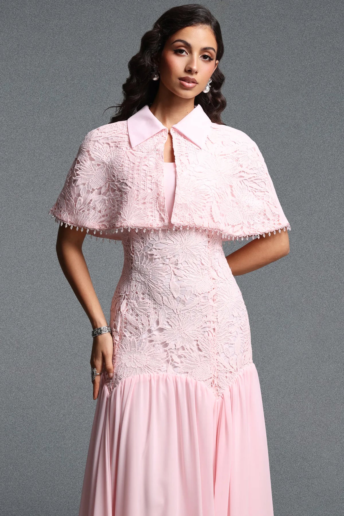 Collared Lace Capelet Drop-Waist Gown - Blush Pink