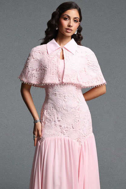 Collared Lace Capelet Drop-Waist Gown - Blush Pink