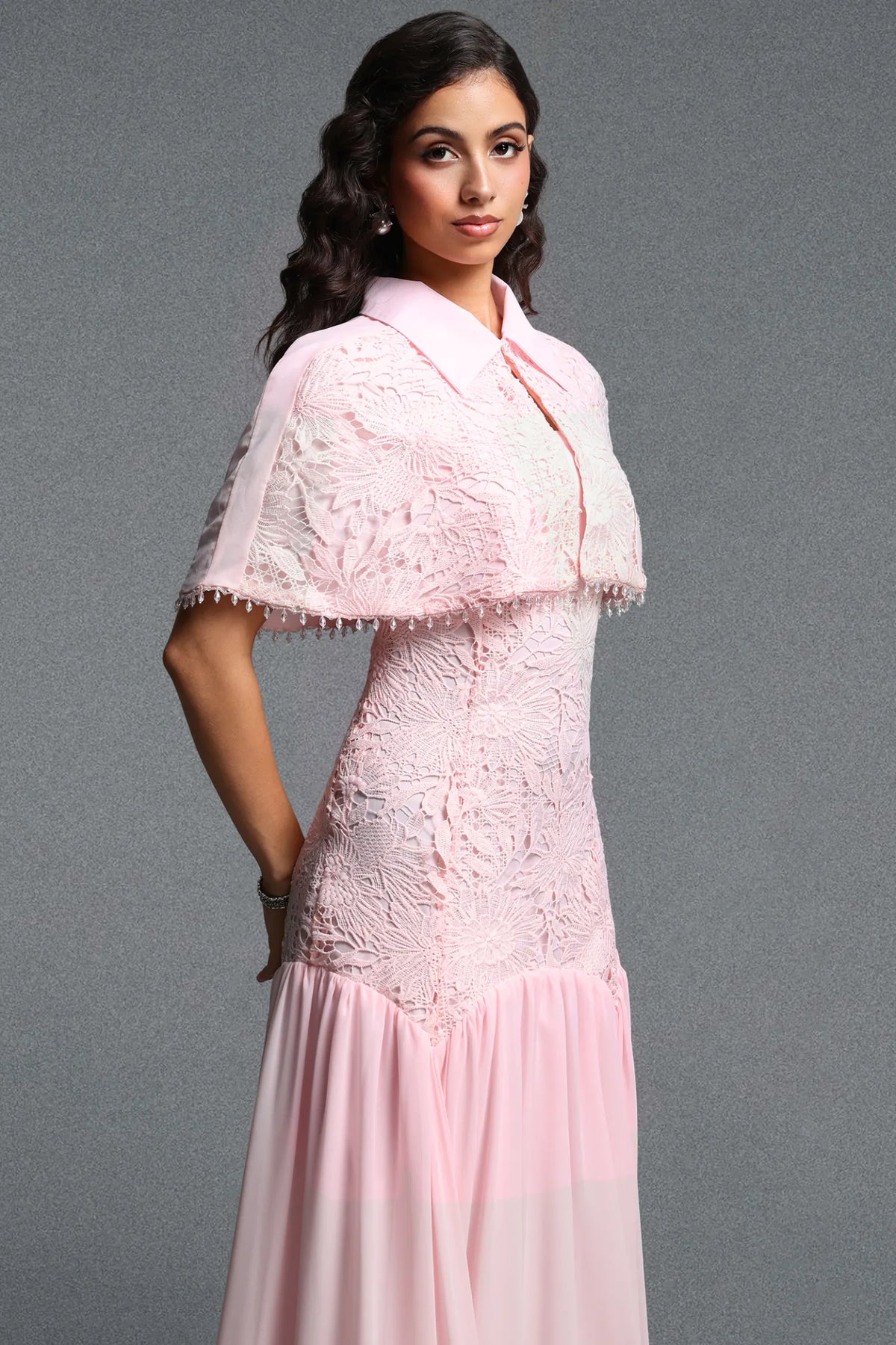 Collared Lace Capelet Drop-Waist Gown - Blush Pink