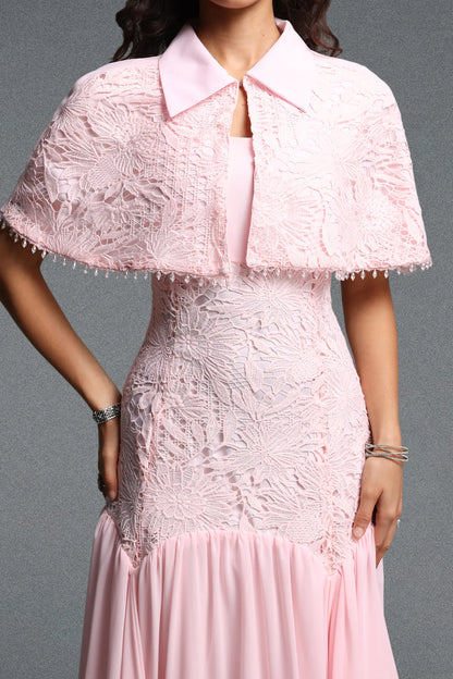 Collared Lace Capelet Drop-Waist Gown - Blush Pink