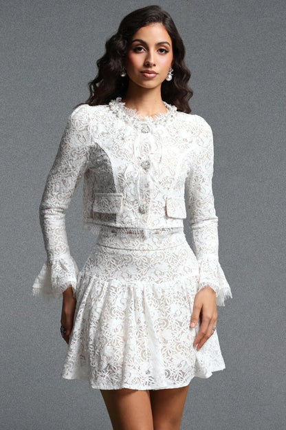 Tailored Floral Lace Two-Piece Skirt Set - Pristine White