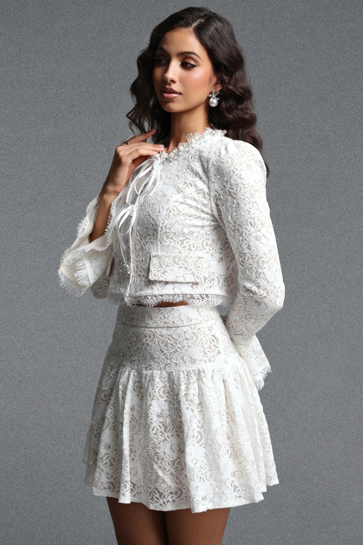 Tailored Floral Lace Two-Piece Skirt Set - Pristine White