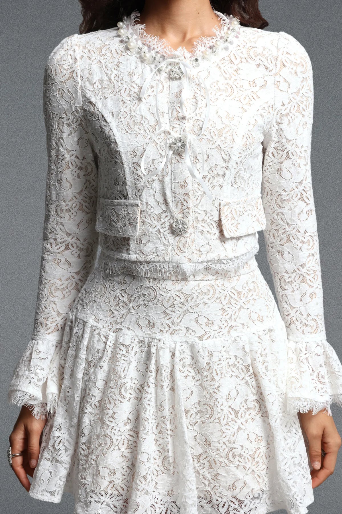Tailored Floral Lace Two-Piece Skirt Set - Pristine White