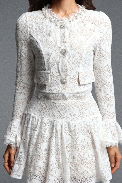 Tailored Floral Lace Two-Piece Skirt Set - Pristine White