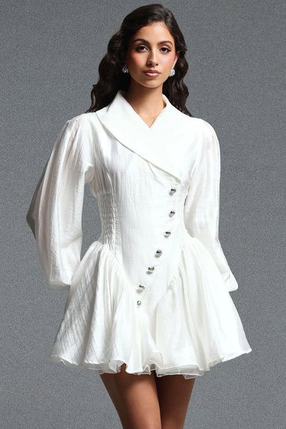 Structural Asymmetrical Button-Front Mini Dress - Pristine White
