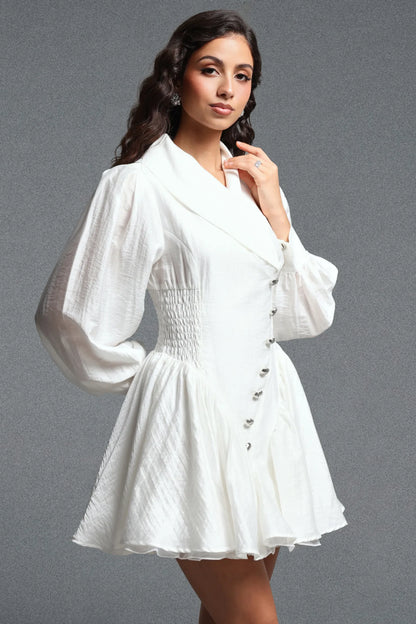 Structural Asymmetrical Button-Front Mini Dress - Pristine White