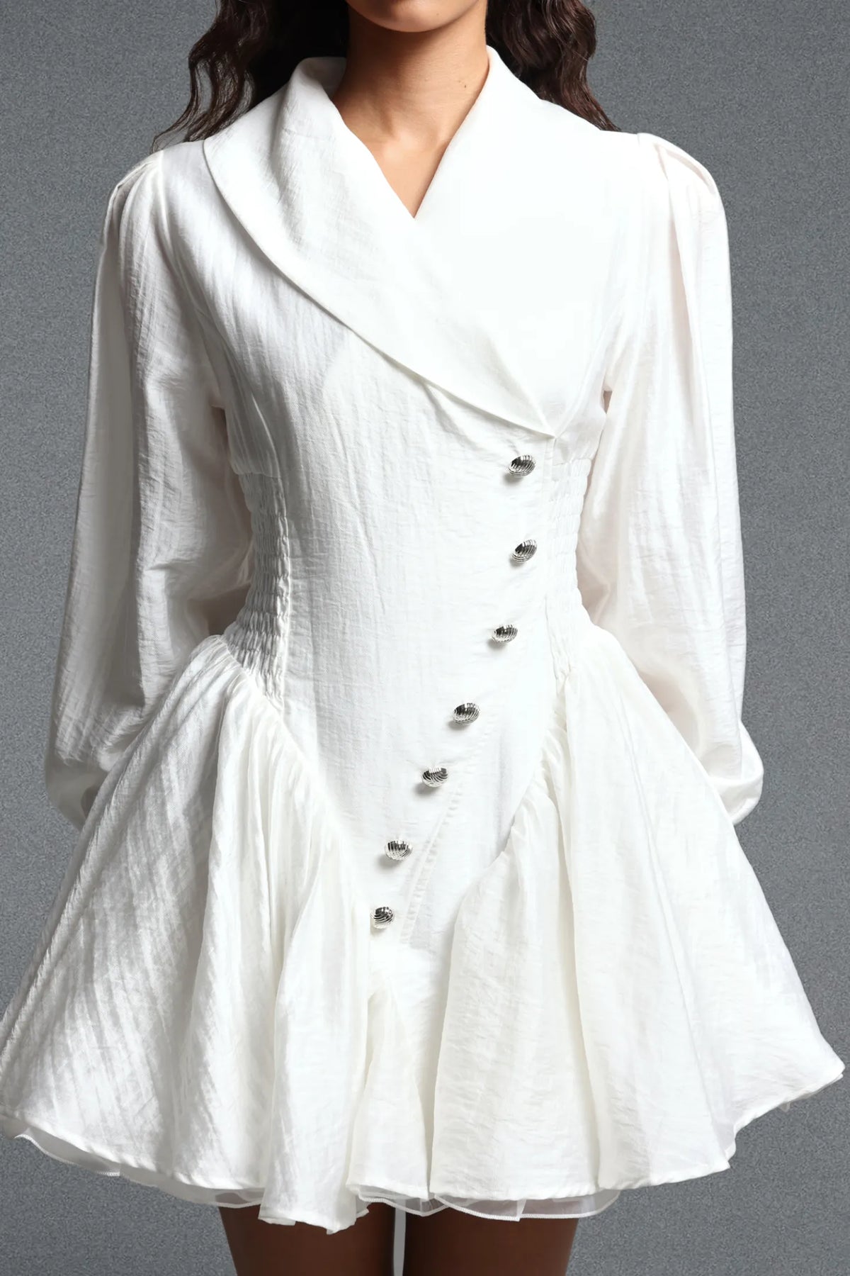 Structural Asymmetrical Button-Front Mini Dress - Pristine White