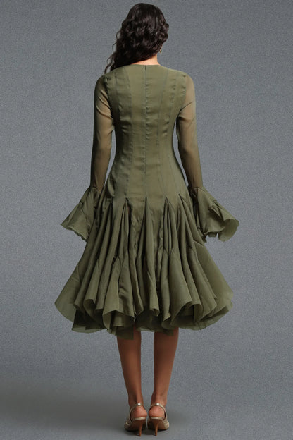 Button-Front Bell-Sleeve Flared Dress - Moss Green